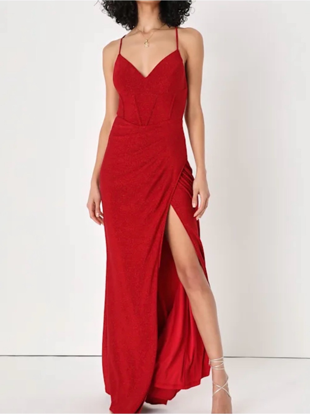 Lulus Red Shimmer Spaghetti-Strap Gown with Side Slit
